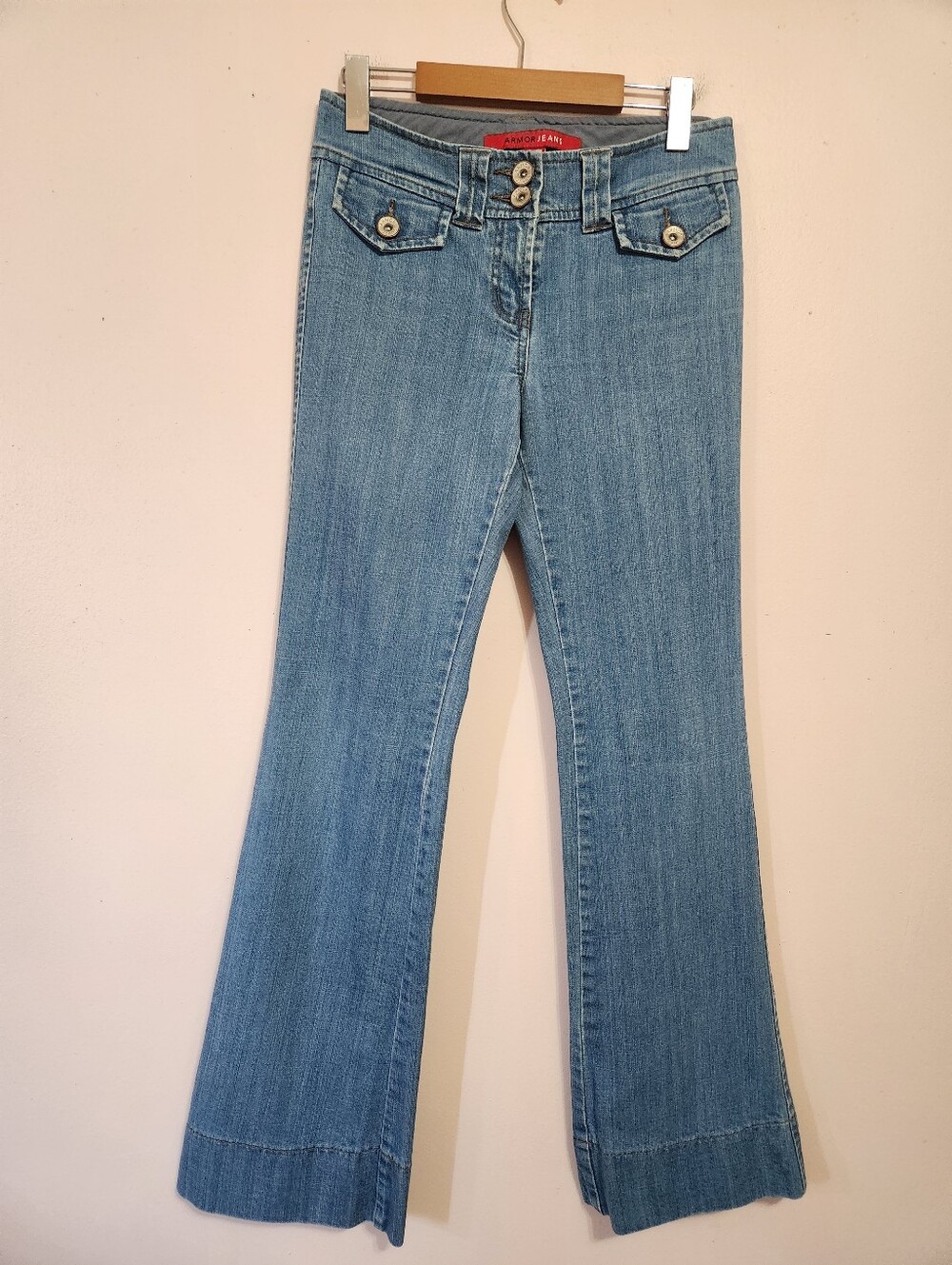 Vintage Y2K Armor Jeans Double Button Flap Pocket Mid Rise Flare Jeans Size 1/2
